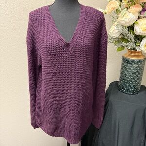 Zenana Outfitters Plum Purple Waffle Knit V-Neck Oversized Sweater Large Cozy